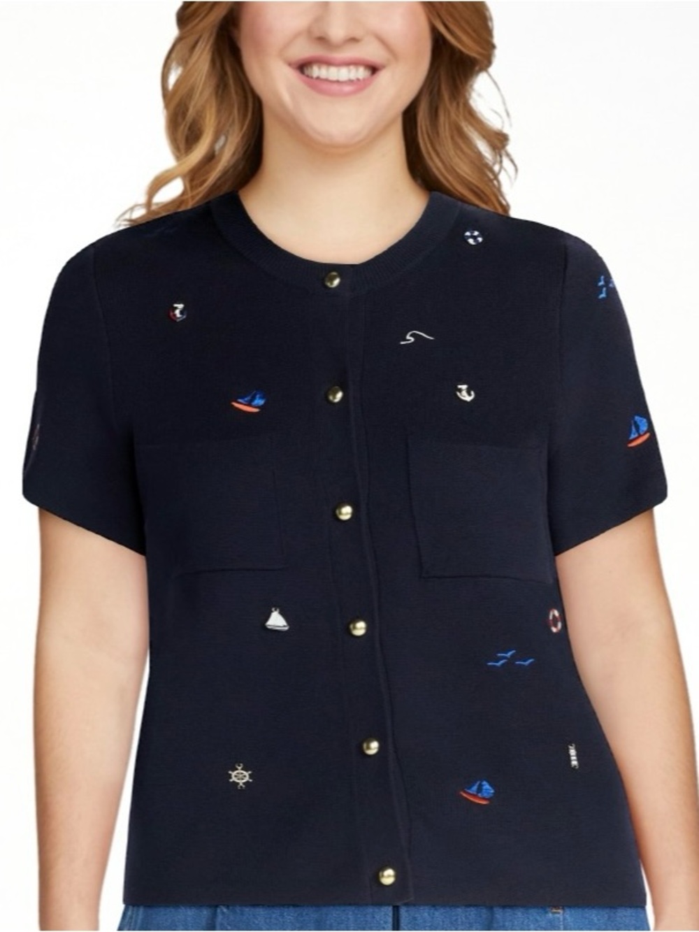 Navy Embroidered Short-Sleeve Cardigan with Gold Buttons